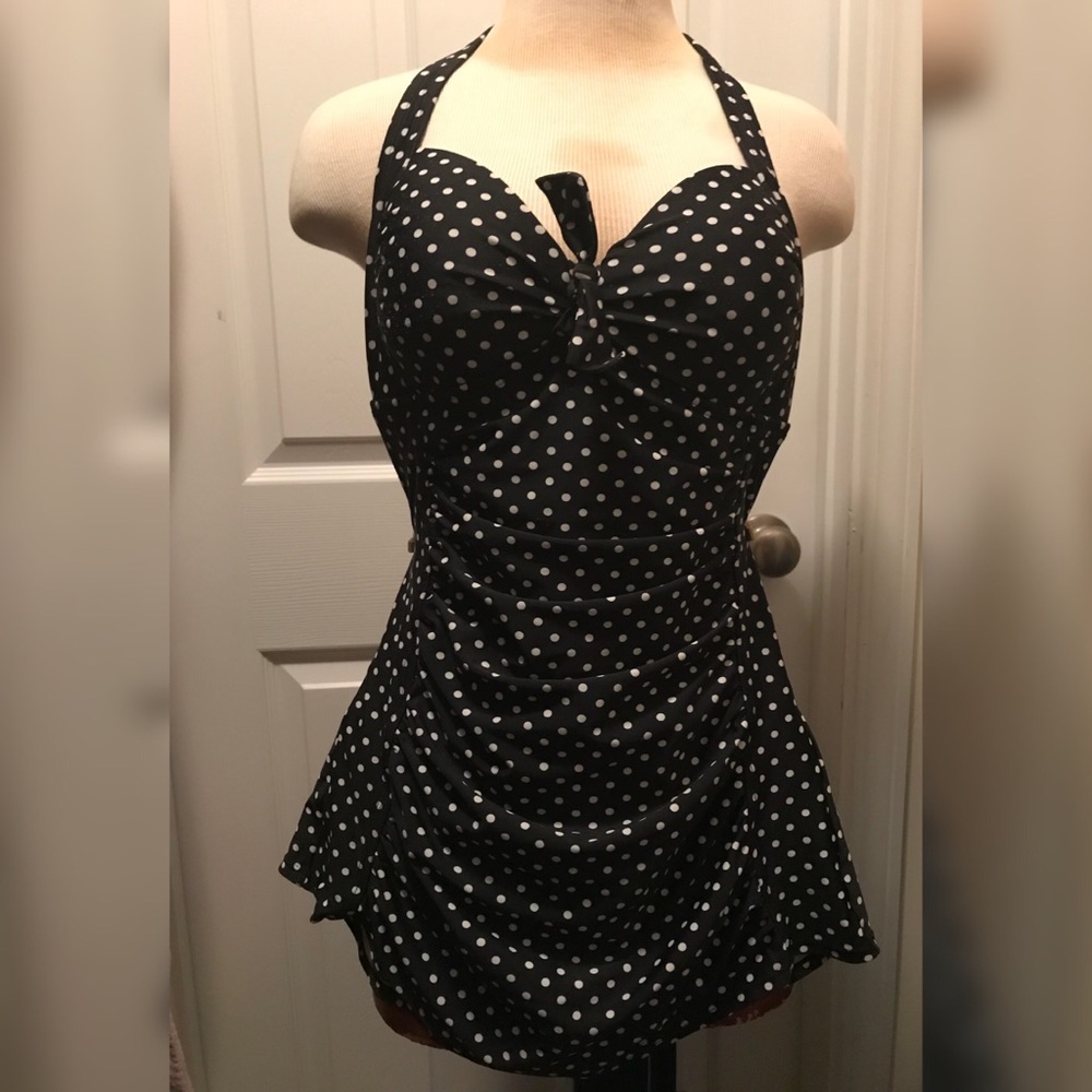 Backless black white polkadot one piece swimsuit